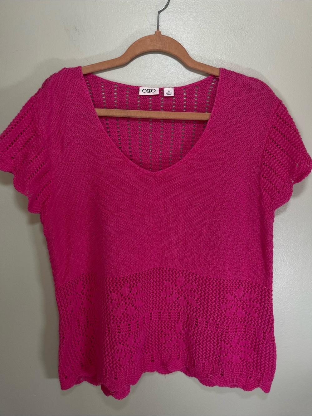 Cato Hot Pink Crochet Knit V-Neck Short Sleeve Sweater Top XL